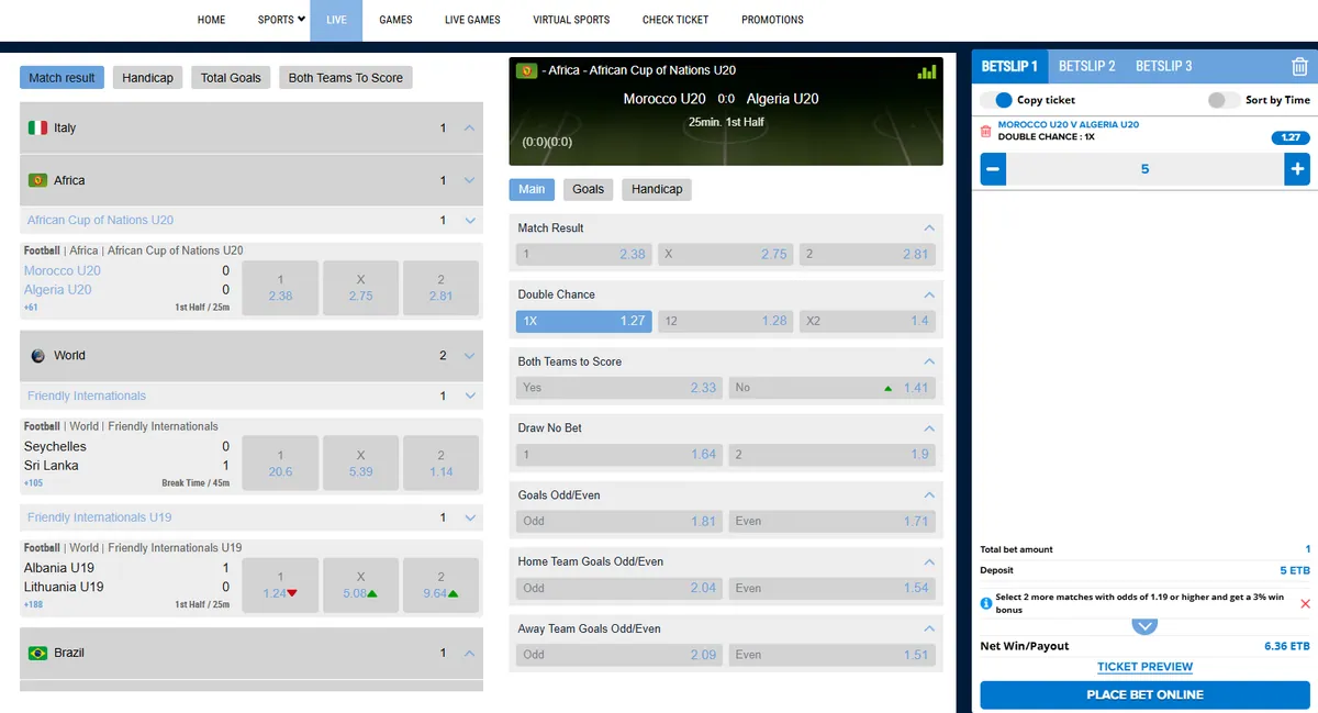 Live football match Morocco U20 v Algeria U20 with in-play markets and an open betslip