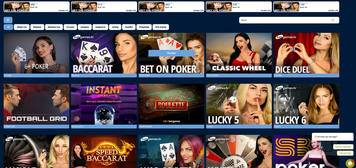 Vamos Bet live games lobby with Baccarat, Classic Wheel, Dice Duel and Instant Roulette tables