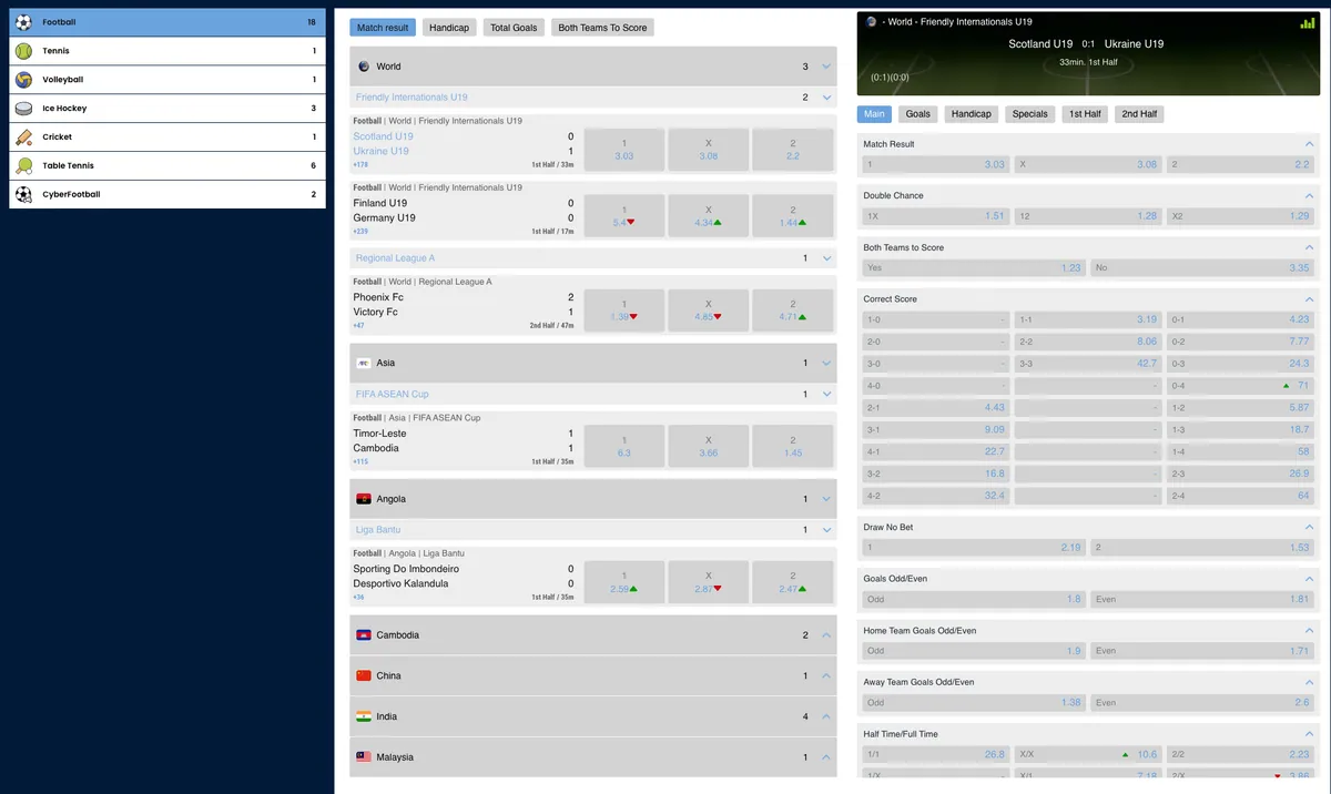 Live betting section with in-play football events