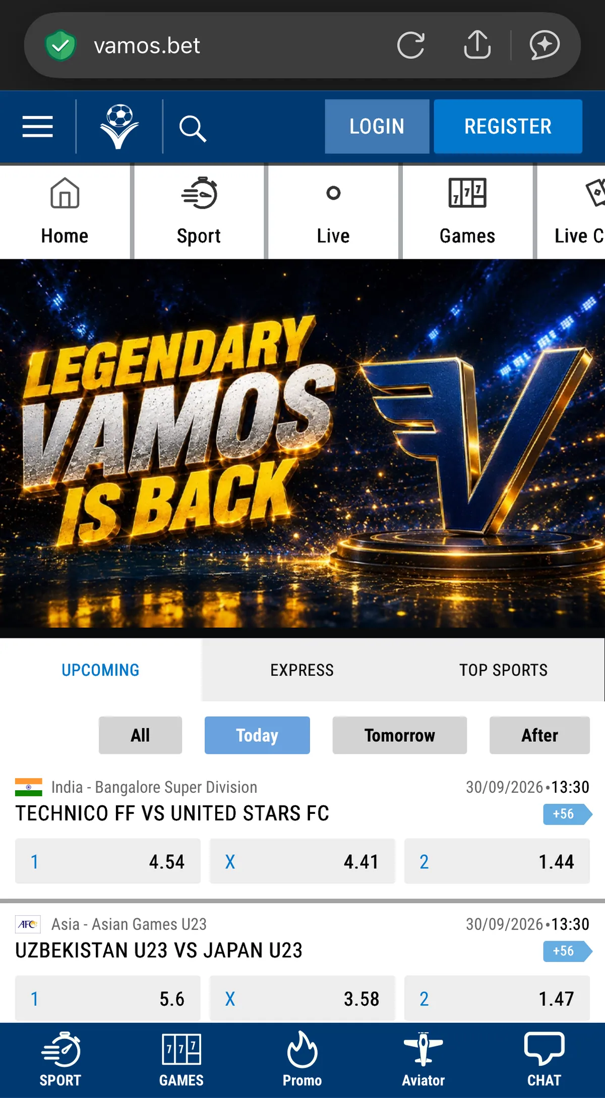Vamos Bet mobile home page with Login and Register buttons in the header