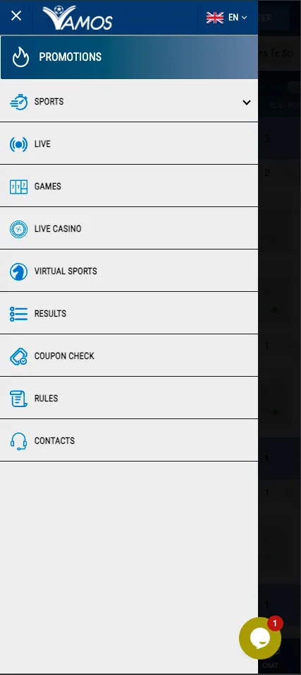 Vamos Bet mobile menu with sport, casino and account links