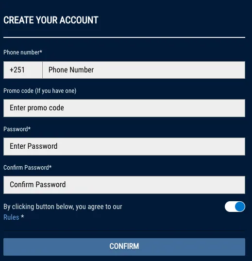 Vamos Bet Create your account form with phone number, promo code, password and confirm password fields
