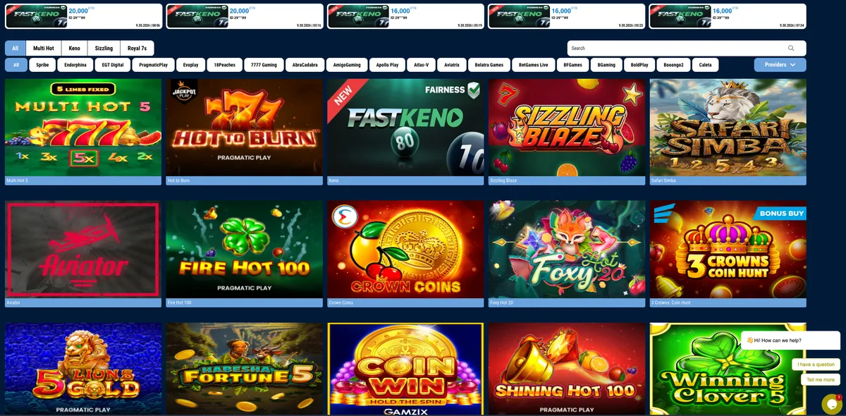 Casino lobby with the top games list
