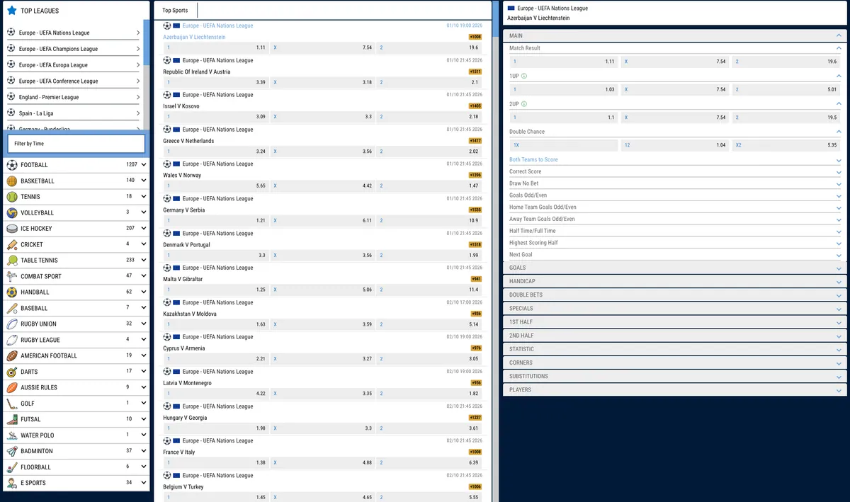 Vamos Bet sports menu with event counts, top football leagues and the list of markets for a selected match